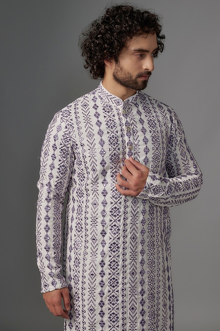 Purple & White Cotton Foil & Resham Embroidered Kurta Set by KSHITIJ CHOUDHARY MEN at Pernia's Pop Up Shop