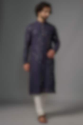 Dark Purple Georgette Foil & Resham Embroidered Kurta Set by KSHITIJ CHOUDHARY MEN