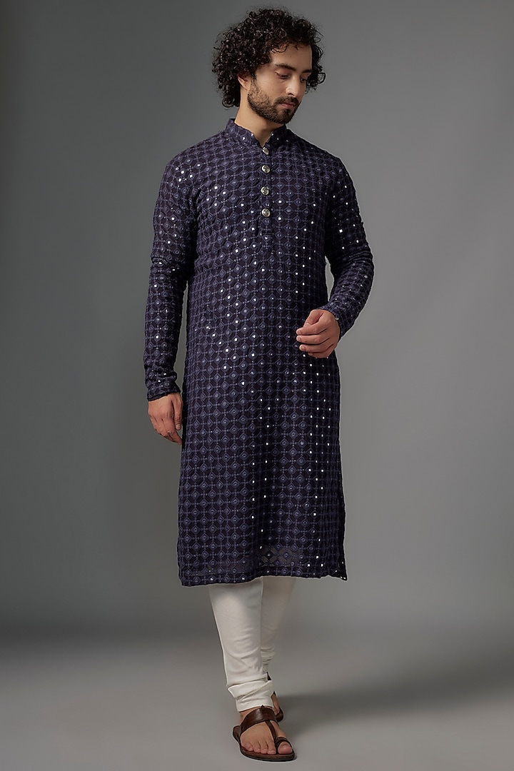 Dark Purple Georgette Foil & Resham Embroidered Kurta Set by KSHITIJ CHOUDHARY MEN