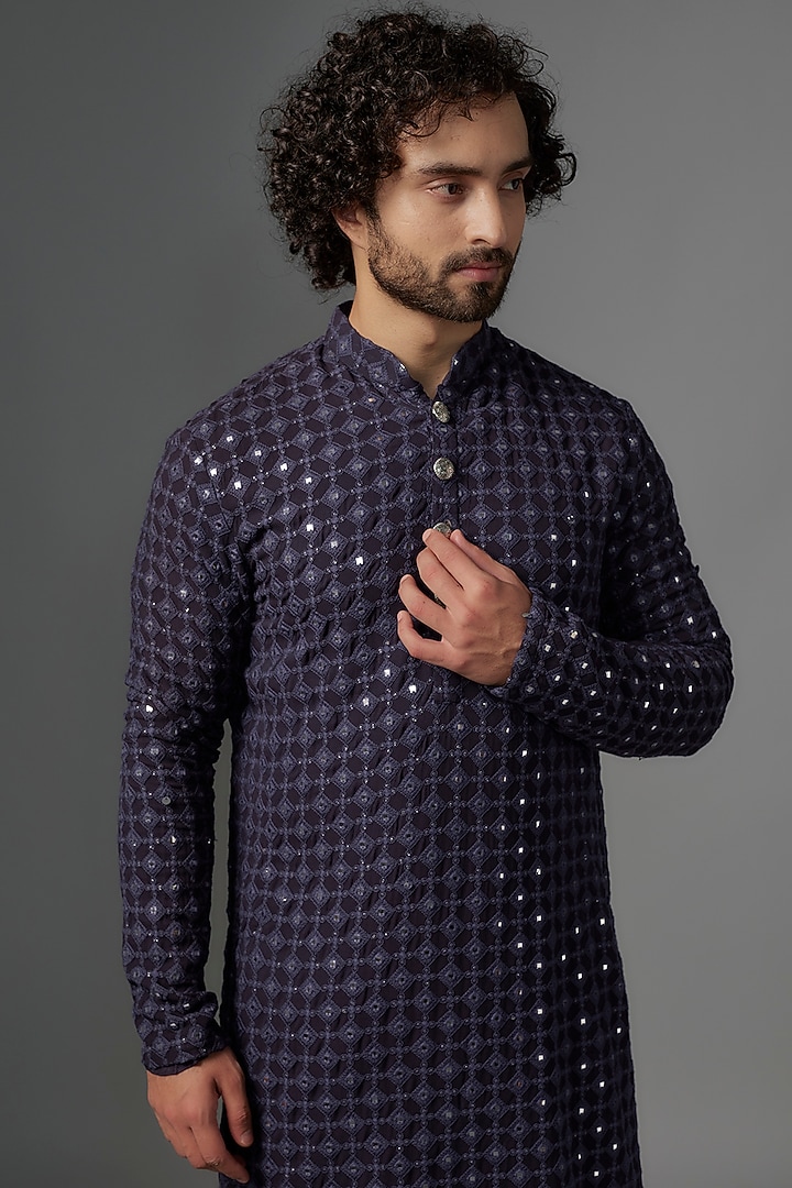 Dark Purple Georgette Foil & Resham Embroidered Kurta Set by KSHITIJ CHOUDHARY MEN at Pernia's Pop Up Shop