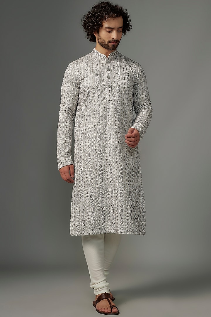 White & Grey Silk Resham Embroidered Kurta Set by KSHITIJ CHOUDHARY MEN