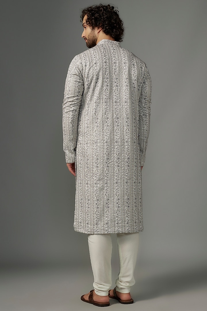 White & Grey Silk Resham Embroidered Kurta Set by KSHITIJ CHOUDHARY MEN at Pernia's Pop Up Shop