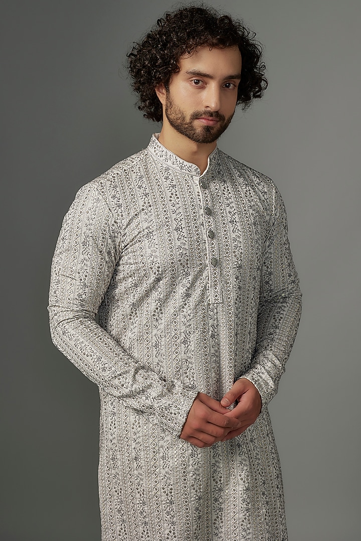 White & Grey Silk Resham Embroidered Kurta Set by KSHITIJ CHOUDHARY MEN at Pernia's Pop Up Shop