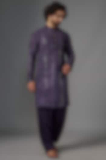 Purple Velvet Foil & Resham Embroidered Kurta Set by KSHITIJ CHOUDHARY MEN