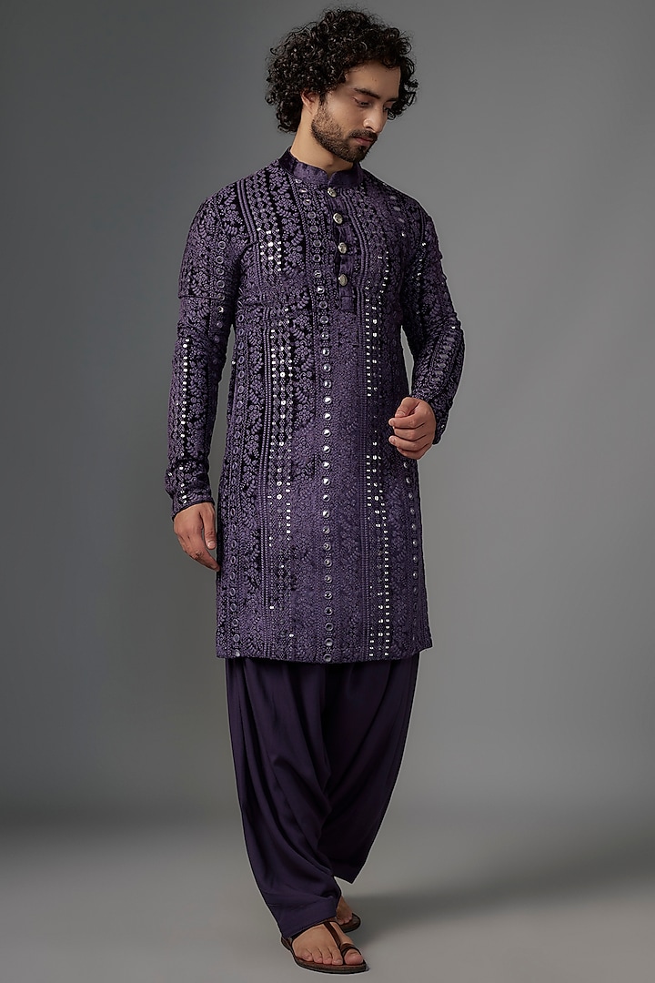 Purple Velvet Foil & Resham Embroidered Kurta Set by KSHITIJ CHOUDHARY MEN