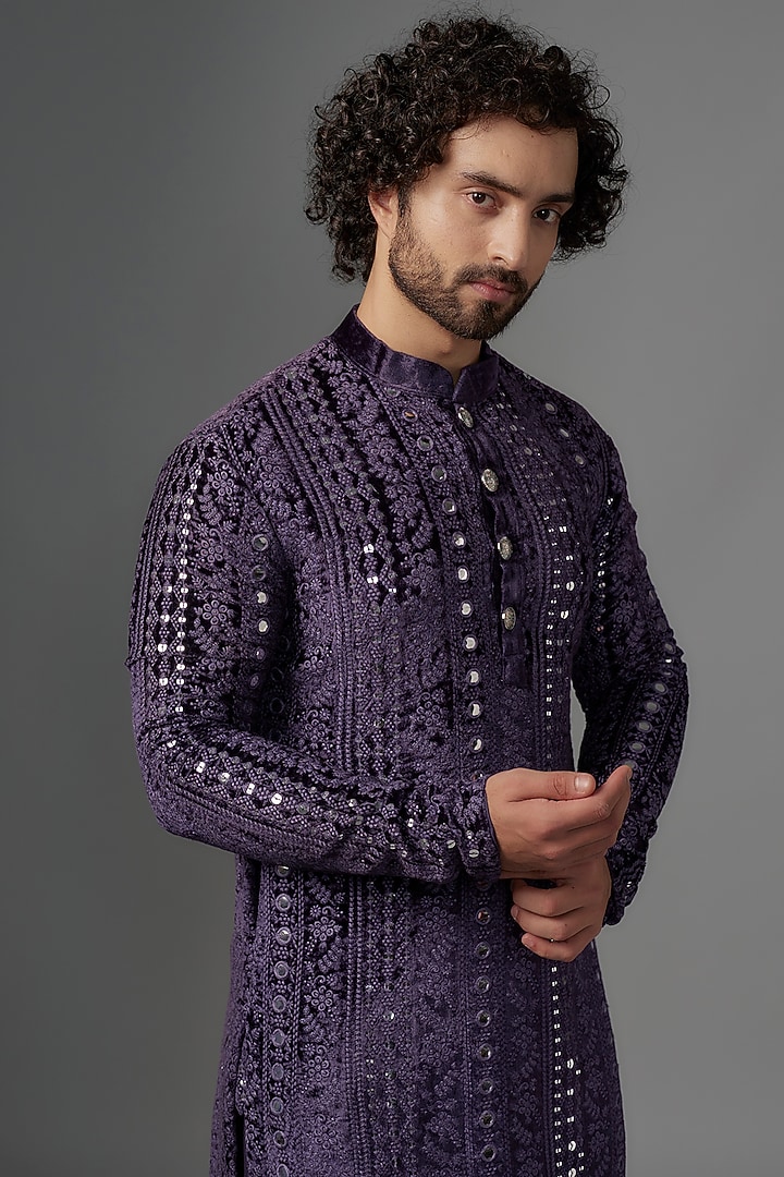 Purple Velvet Foil & Resham Embroidered Kurta Set by KSHITIJ CHOUDHARY MEN at Pernia's Pop Up Shop