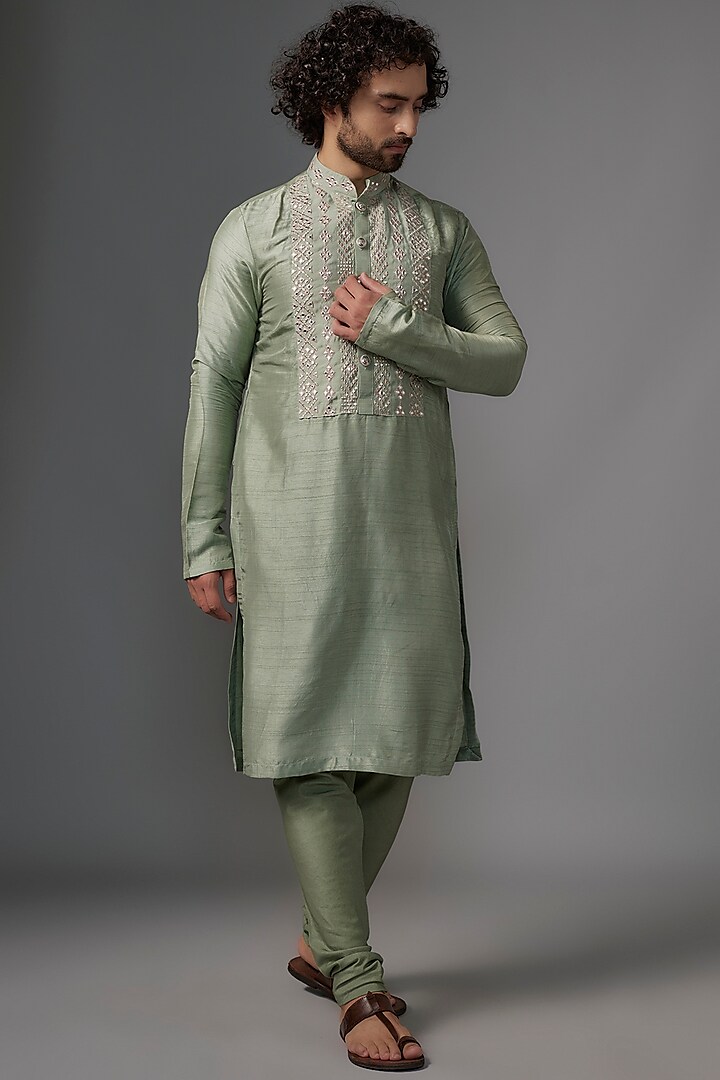 Mint Green Silk Foil & Resham Embroidered Kurta Set by KSHITIJ CHOUDHARY MEN