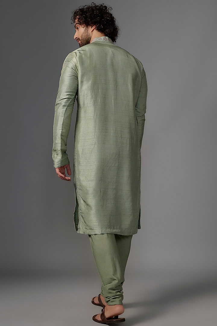 Mint Green Silk Foil & Resham Embroidered Kurta Set by KSHITIJ CHOUDHARY MEN at Pernia's Pop Up Shop