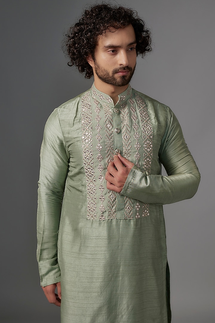 Mint Green Silk Foil & Resham Embroidered Kurta Set by KSHITIJ CHOUDHARY MEN at Pernia's Pop Up Shop