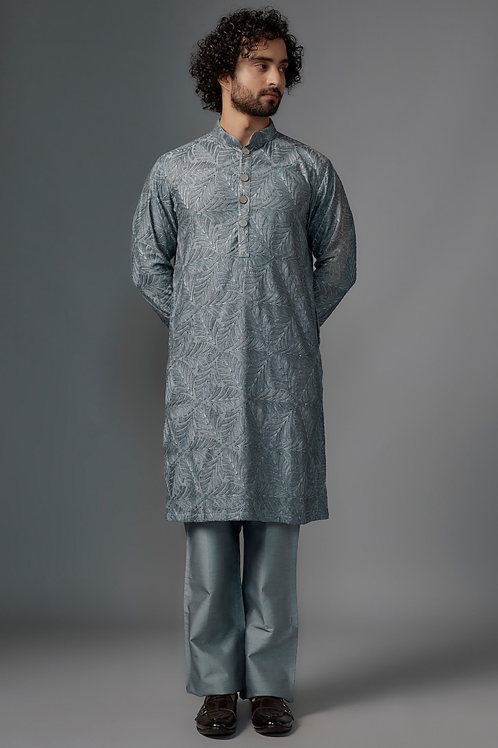 Blue-Grey Chanderi Resham Embroidered Kurta Set by KSHITIJ CHOUDHARY MEN