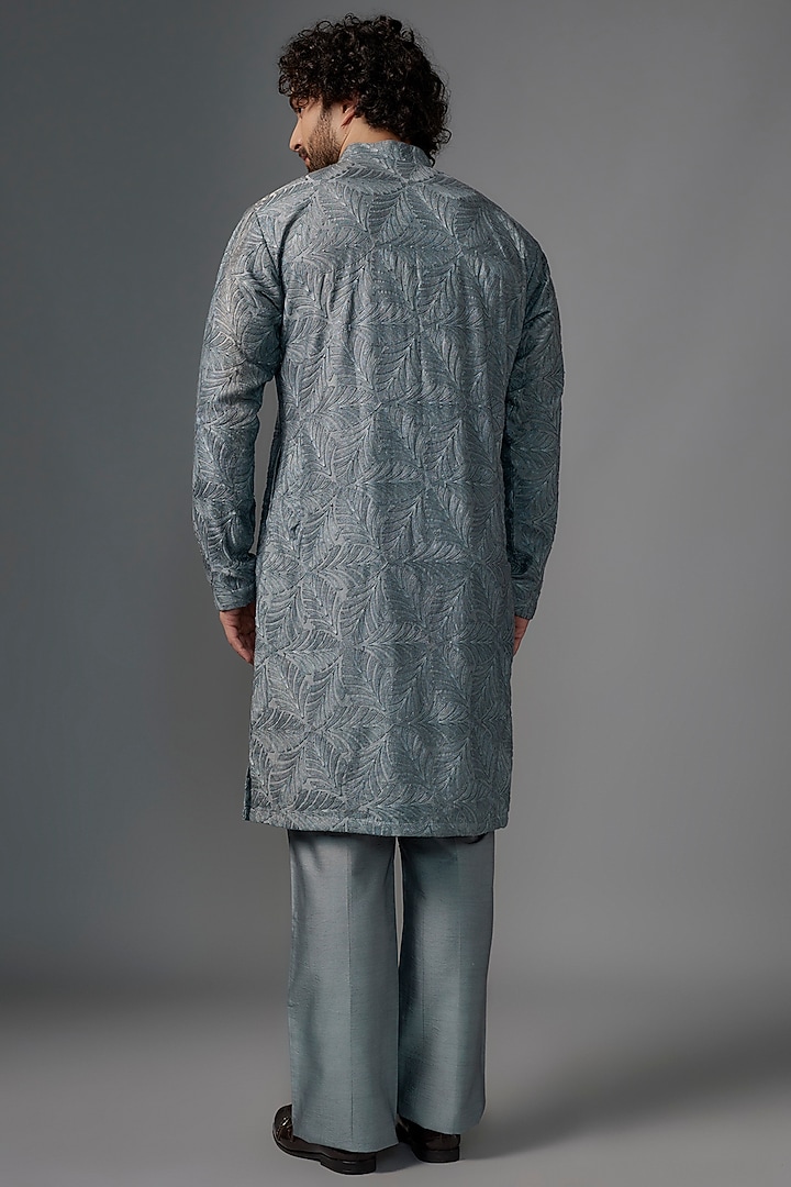 Blue-Grey Chanderi Resham Embroidered Kurta Set by KSHITIJ CHOUDHARY MEN at Pernia's Pop Up Shop