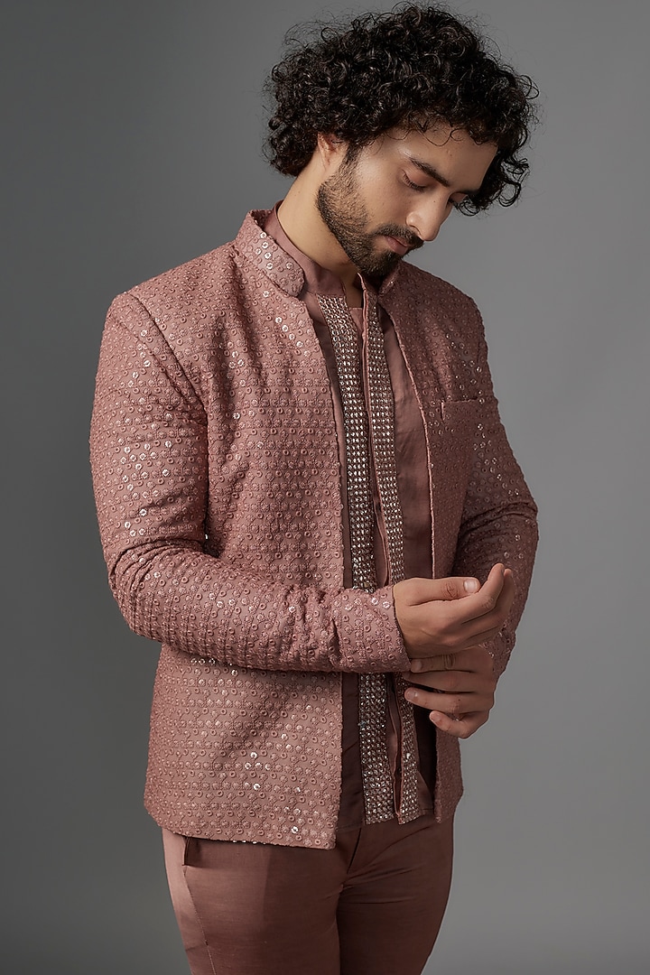 Rose Pink Georgette Resham Embroidered Wedding Indowestern Set by KSHITIJ CHOUDHARY MEN at Pernia's Pop Up Shop