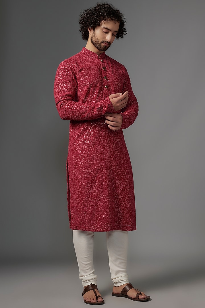 Cherry Red Georgette Resham Embroidered Kurta Set by KSHITIJ CHOUDHARY MEN