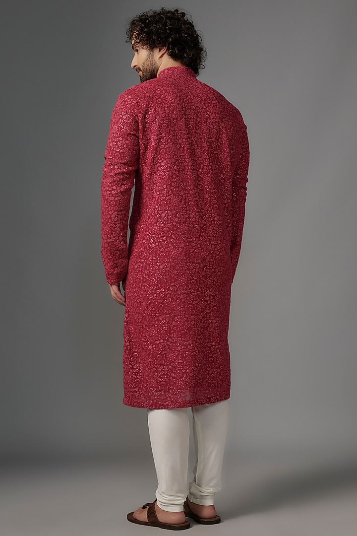 Cherry Red Georgette Resham Embroidered Kurta Set by KSHITIJ CHOUDHARY MEN at Pernia's Pop Up Shop