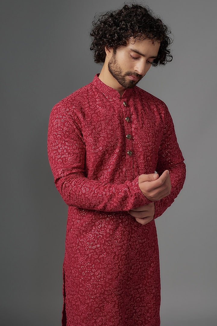 Cherry Red Georgette Resham Embroidered Kurta Set by KSHITIJ CHOUDHARY MEN at Pernia's Pop Up Shop