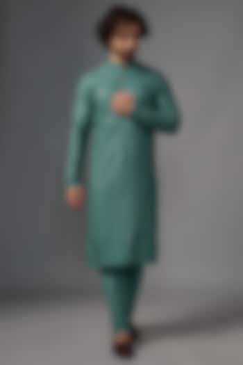 Sea Green Georgette Resham Embroidered Kurta Set by KSHITIJ CHOUDHARY MEN