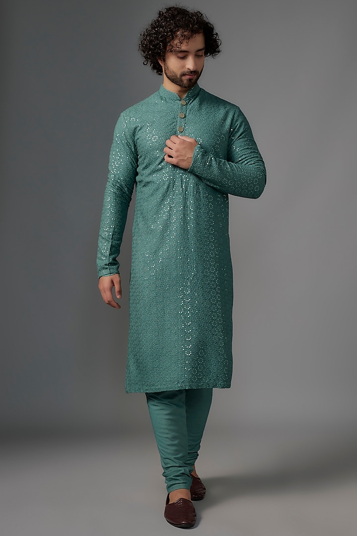 Sea Green Georgette Resham Embroidered Kurta Set by KSHITIJ CHOUDHARY MEN