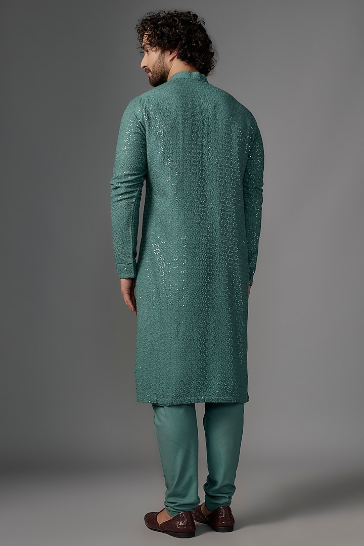 Sea Green Georgette Resham Embroidered Kurta Set by KSHITIJ CHOUDHARY MEN at Pernia's Pop Up Shop