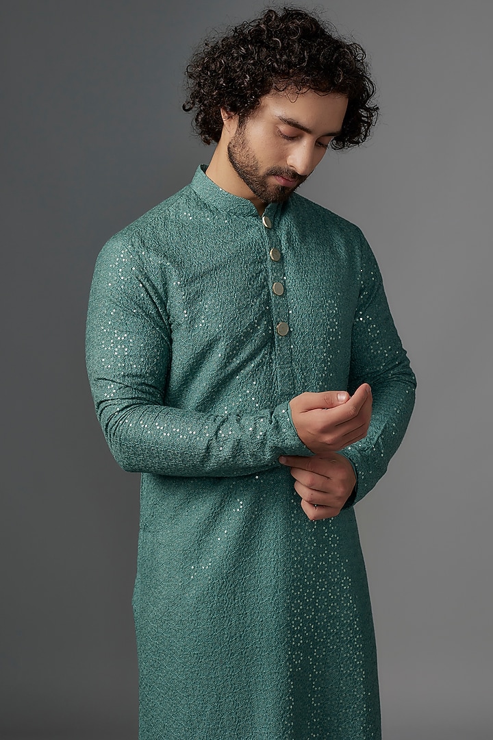 Sea Green Georgette Resham Embroidered Kurta Set by KSHITIJ CHOUDHARY MEN at Pernia's Pop Up Shop