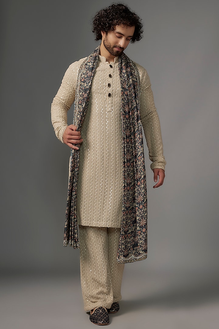 Beige Georgette Resham Embroidered Kurta Set by KSHITIJ CHOUDHARY MEN