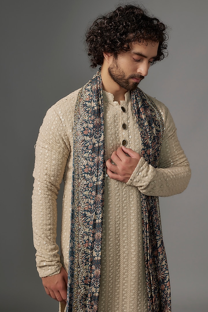 Beige Georgette Resham Embroidered Kurta Set by KSHITIJ CHOUDHARY MEN at Pernia's Pop Up Shop