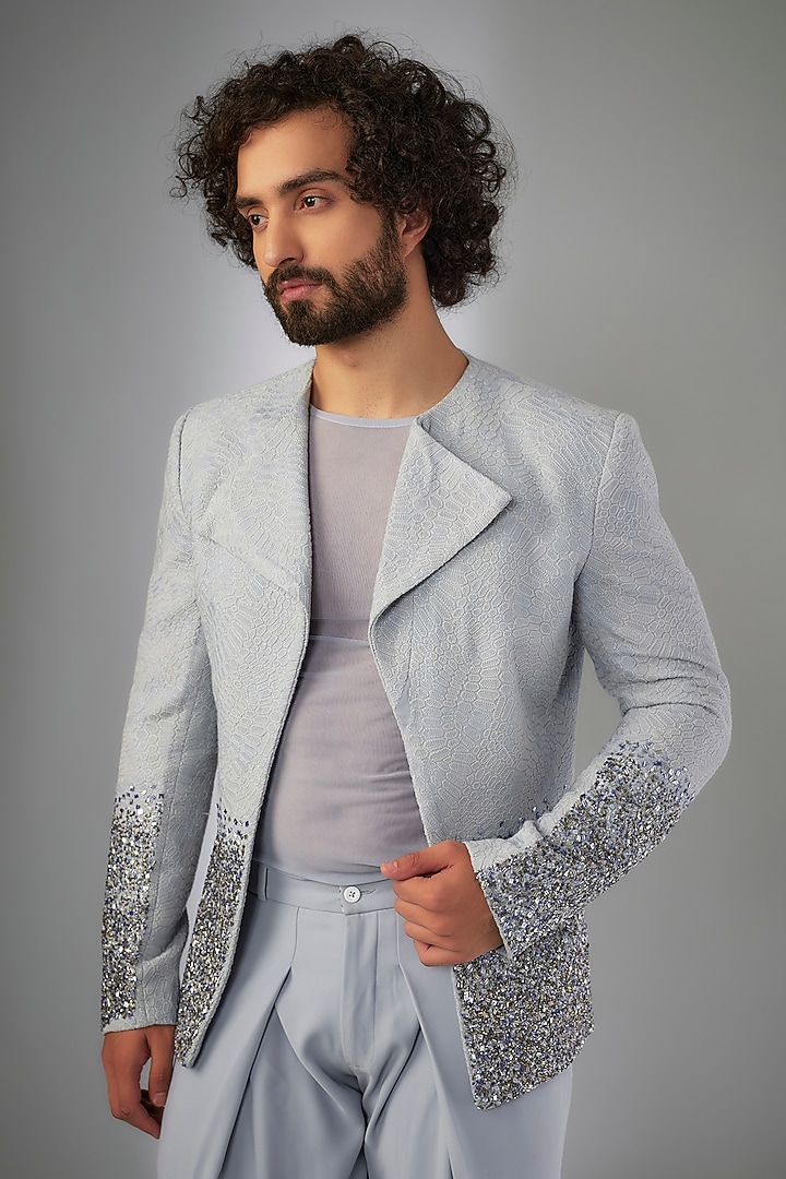 Sky blue Georgette Cutdana & Resham Embroidered Jacket Set by KSHITIJ CHOUDHARY MEN at Pernia's Pop Up Shop