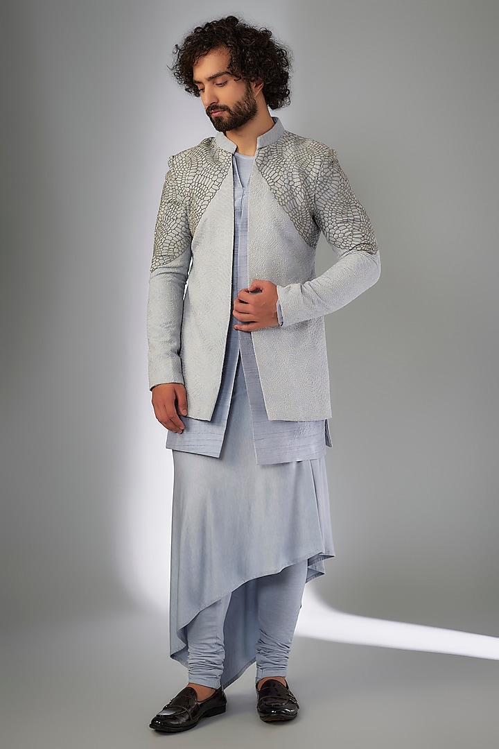 Sky blue Georgette Cutdana & Resham Embroidered Indowestern Set by KSHITIJ CHOUDHARY MEN