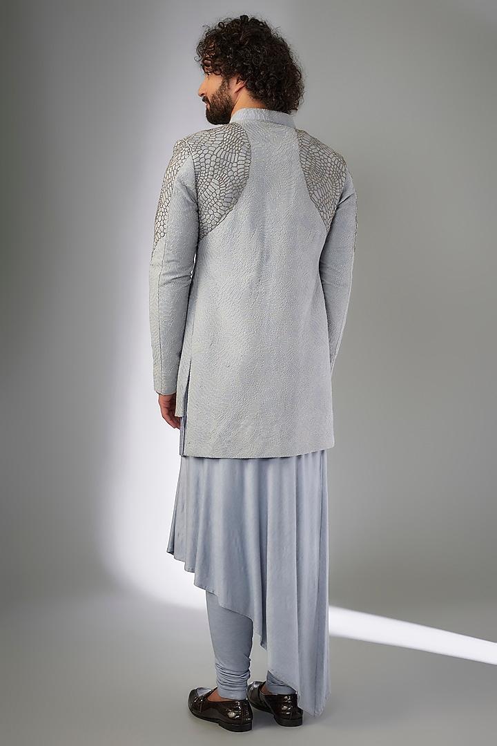 Sky blue Georgette Cutdana & Resham Embroidered Wedding Indowestern Set by KSHITIJ CHOUDHARY MEN at Pernia's Pop Up Shop