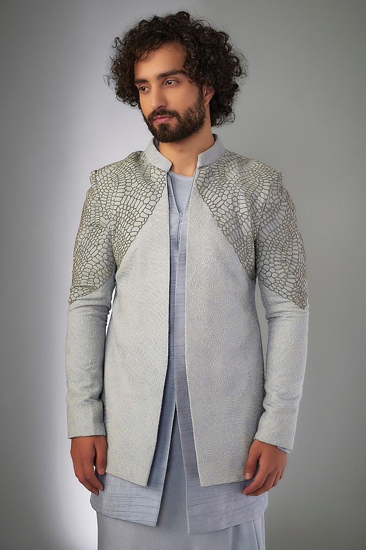 Sky blue Georgette Cutdana & Resham Embroidered Wedding Indowestern Set by KSHITIJ CHOUDHARY MEN at Pernia's Pop Up Shop