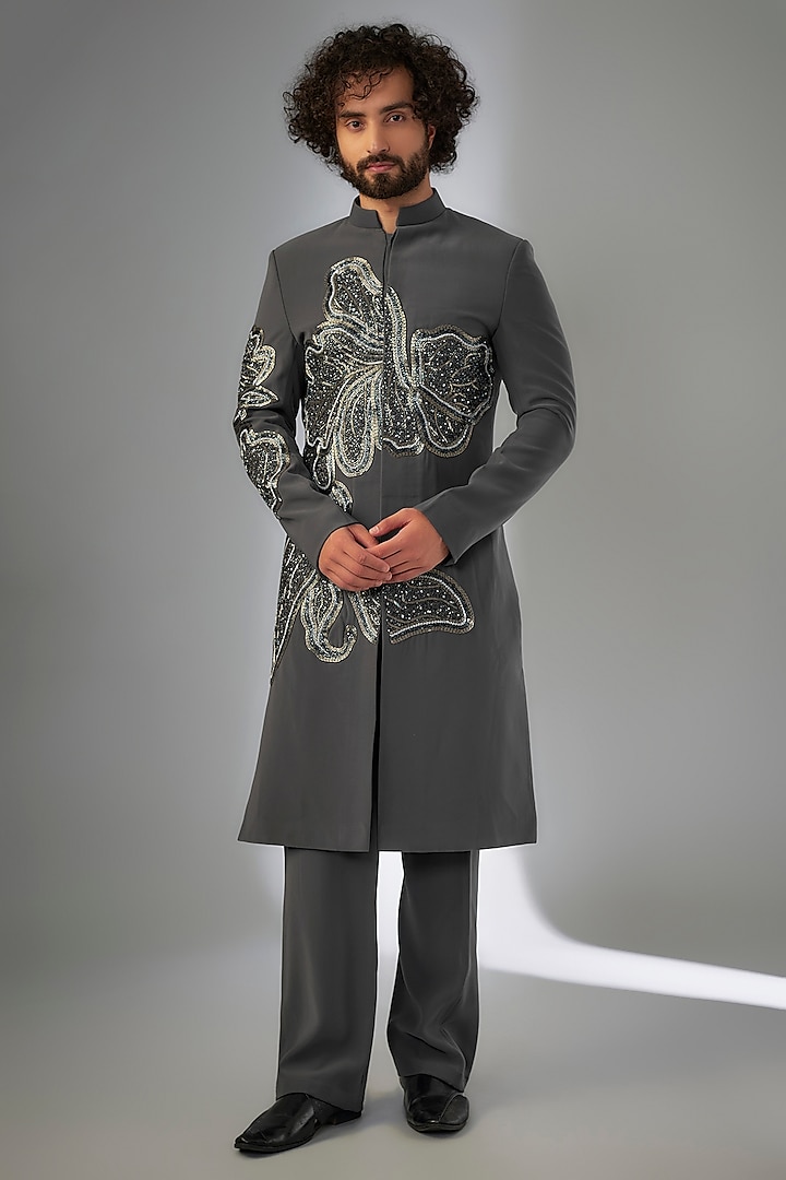 Grey Armani Floral Leaf Embroidered Sherwani Set by KSHITIJ CHOUDHARY MEN