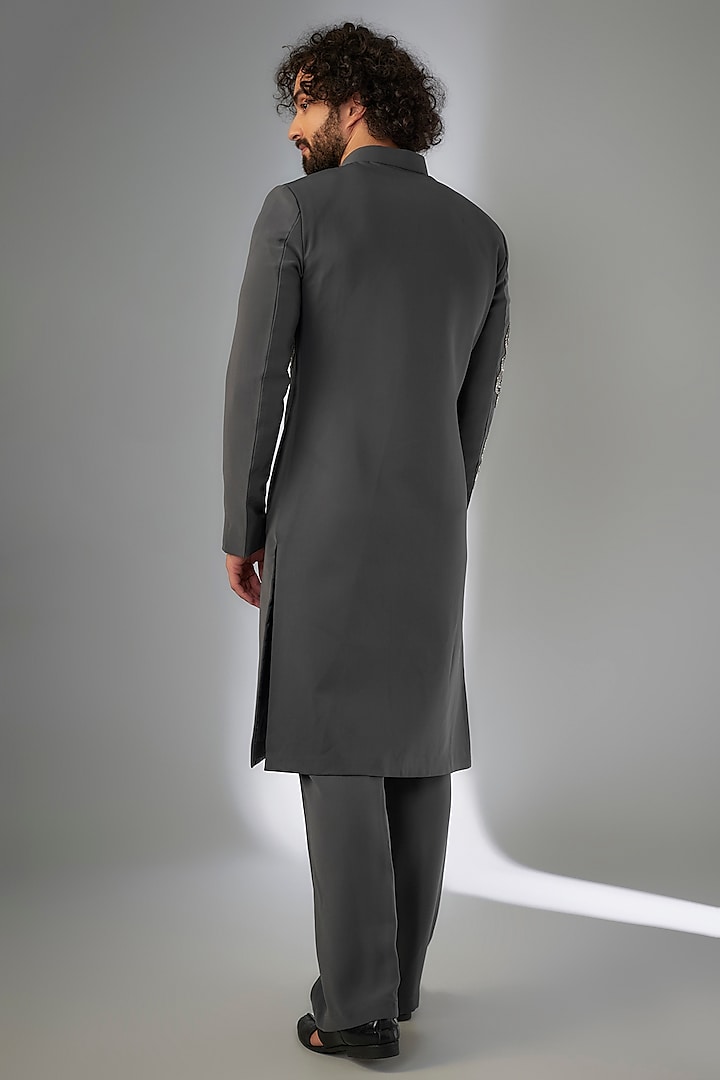 Grey Armani Floral Leaf Embroidered Wedding Sherwani Set by KSHITIJ CHOUDHARY MEN at Pernia's Pop Up Shop