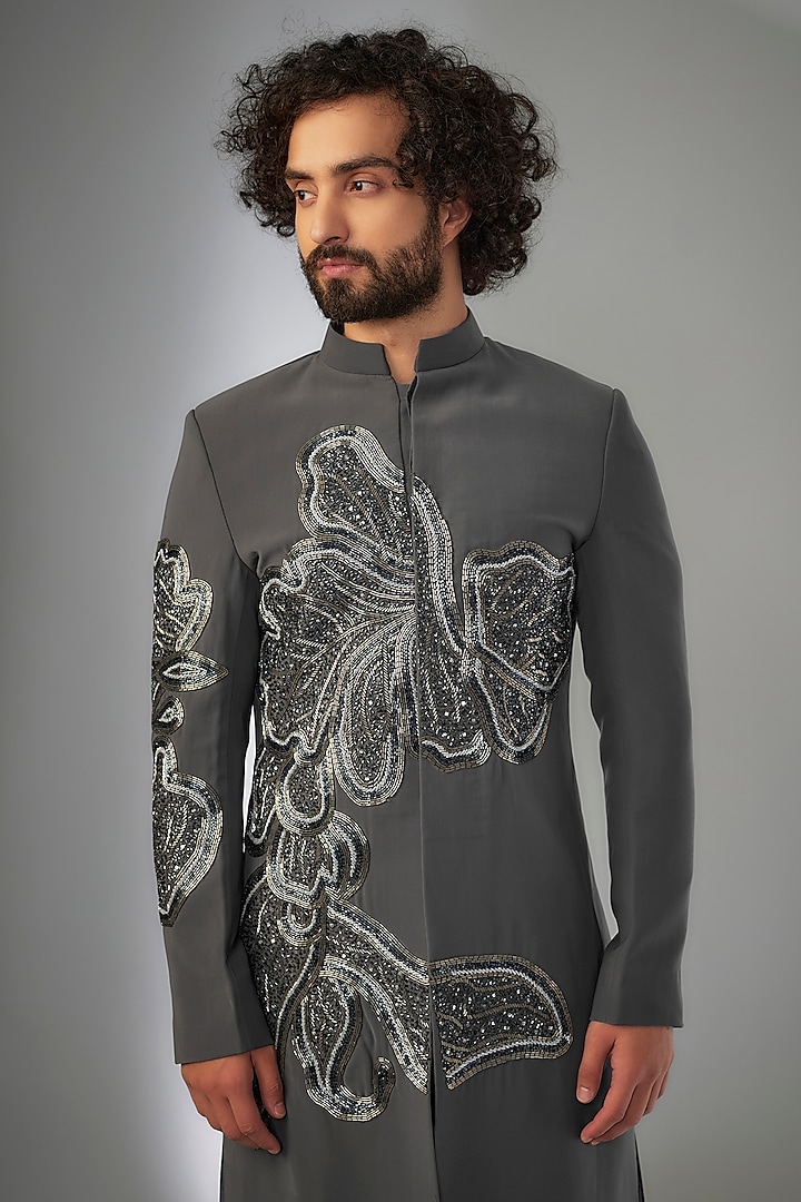 Grey Armani Floral Leaf Embroidered Wedding Sherwani Set by KSHITIJ CHOUDHARY MEN at Pernia's Pop Up Shop