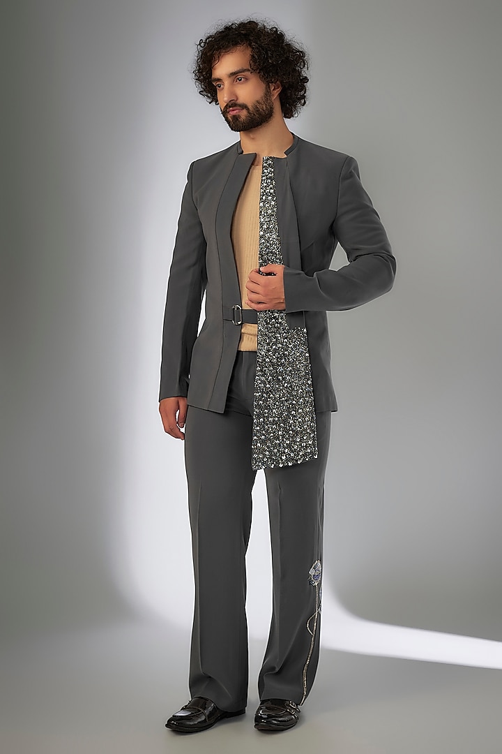 Grey Armani Cutdana & Floral Leaf Embroidered Jacket Set by KSHITIJ CHOUDHARY MEN