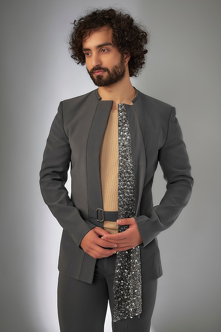 Grey Armani Cutdana & Floral Leaf Embroidered Jacket Set by KSHITIJ CHOUDHARY MEN at Pernia's Pop Up Shop