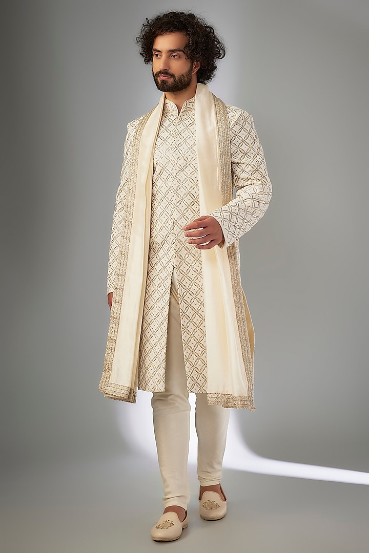 Ivory Chanderi Resham Work & Cutdana Embroidered Sherwani Set by KSHITIJ CHOUDHARY MEN