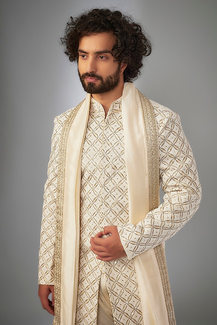 Ivory Chanderi Resham Work & Cutdana Embroidered Groom Sherwani Set by KSHITIJ CHOUDHARY MEN at Pernia's Pop Up Shop