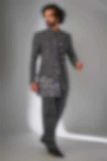 Grey Georgette Cutdana Embroidered & Resham Work Sherwani Set by KSHITIJ CHOUDHARY MEN