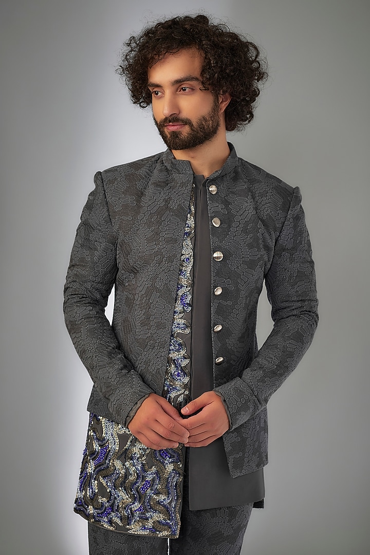 Grey Georgette Cutdana Embroidered & Resham Work Wedding Sherwani Set by KSHITIJ CHOUDHARY MEN at Pernia's Pop Up Shop