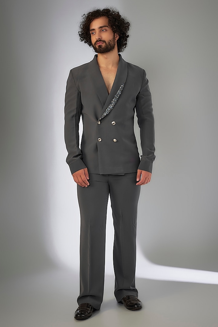 Grey Armani Cutdana & Floral Embroidered Blazer Set by KSHITIJ CHOUDHARY MEN