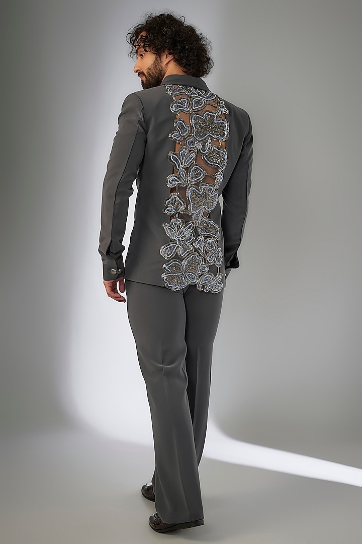 Grey Armani Cutdana & Floral Embroidered Blazer Set by KSHITIJ CHOUDHARY MEN at Pernia's Pop Up Shop
