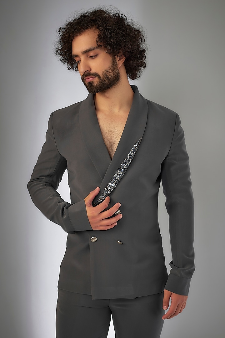 Grey Armani Cutdana & Floral Embroidered Blazer Set by KSHITIJ CHOUDHARY MEN at Pernia's Pop Up Shop