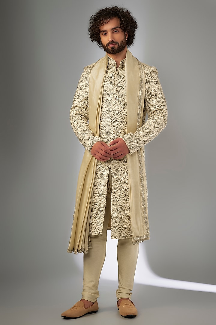 Yellow Silk Cutdana Embroidered & Resham Work Sherwani Set by KSHITIJ CHOUDHARY MEN