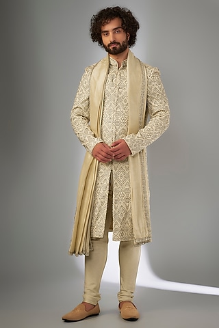 Yellow Silk Cutdana Embroidered & Resham Work Sherwani Set by KSHITIJ CHOUDHARY MEN