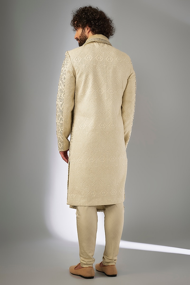 Yellow Silk Cutdana Embroidered & Resham Work Groom Sherwani Set by KSHITIJ CHOUDHARY MEN at Pernia's Pop Up Shop