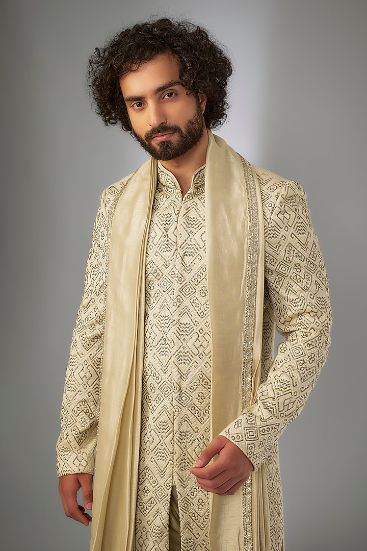 Yellow Silk Cutdana Embroidered & Resham Work Groom Sherwani Set by KSHITIJ CHOUDHARY MEN at Pernia's Pop Up Shop