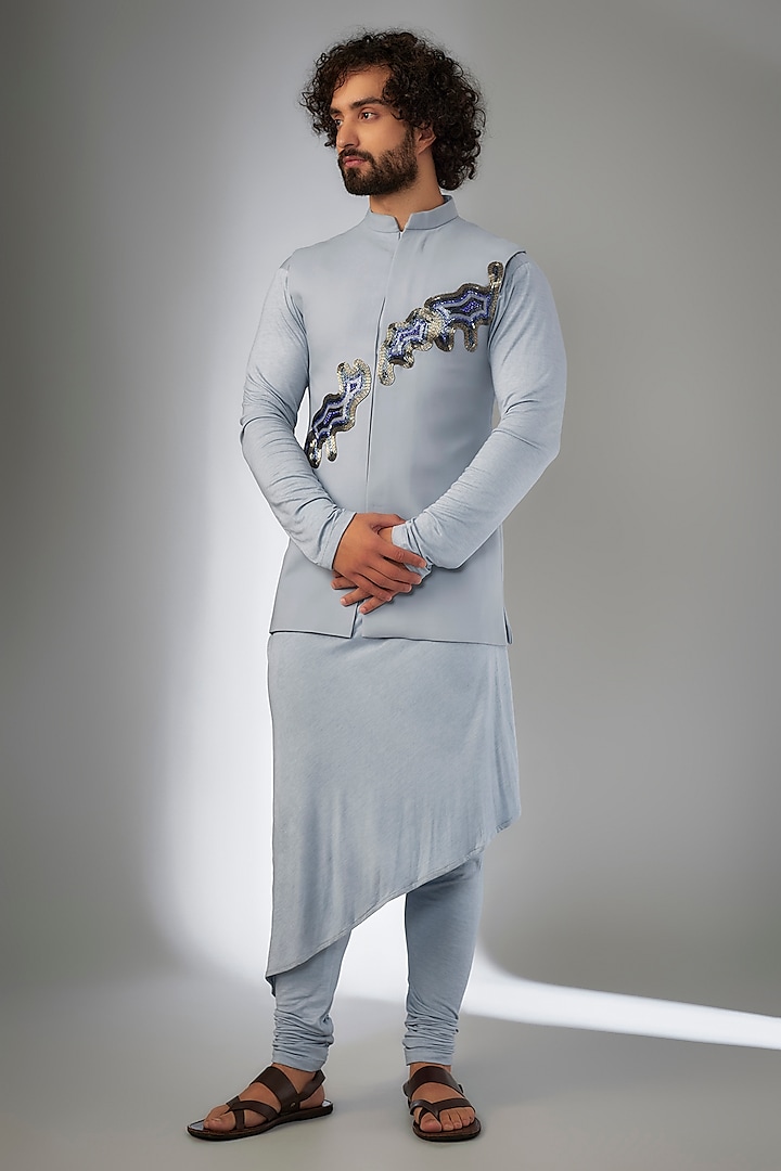 Blue Armani Abstract Cutdana Embroidered Bundi Jacket Set by KSHITIJ CHOUDHARY MEN