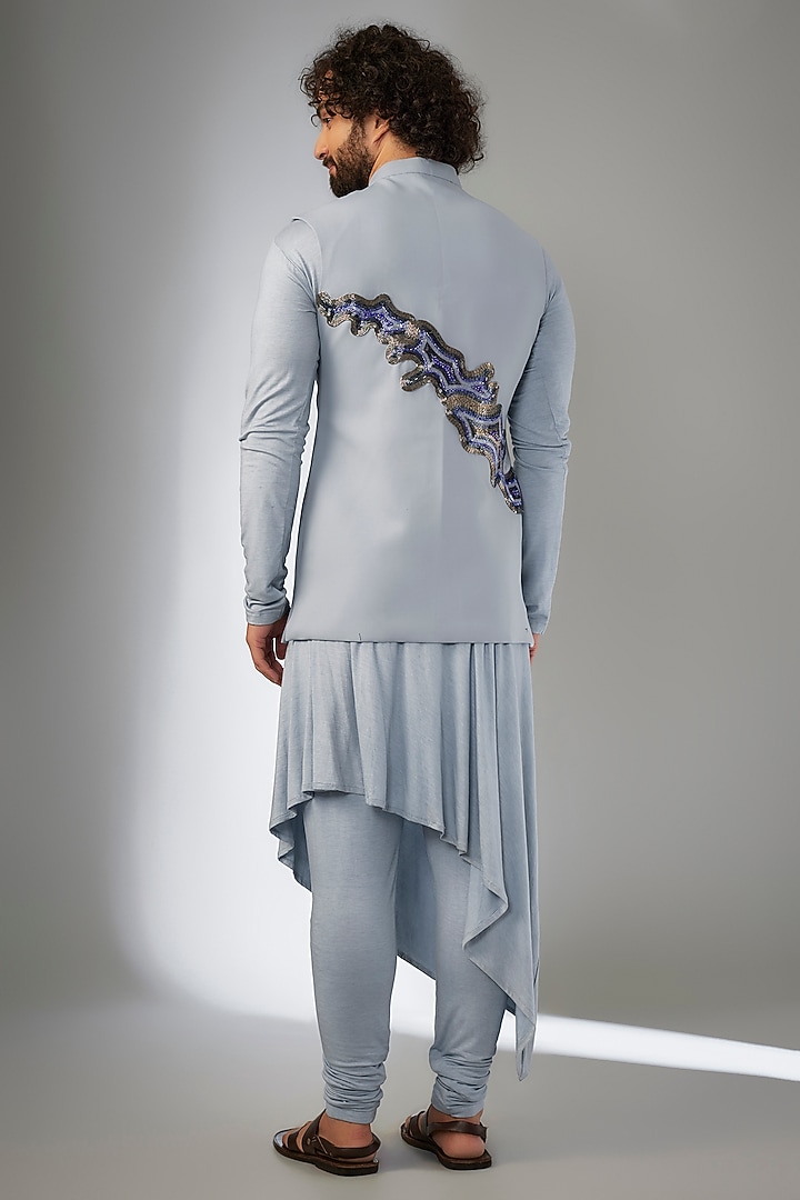 Blue Armani Abstract Cutdana Embroidered Bundi Jacket Set by KSHITIJ CHOUDHARY MEN at Pernia's Pop Up Shop