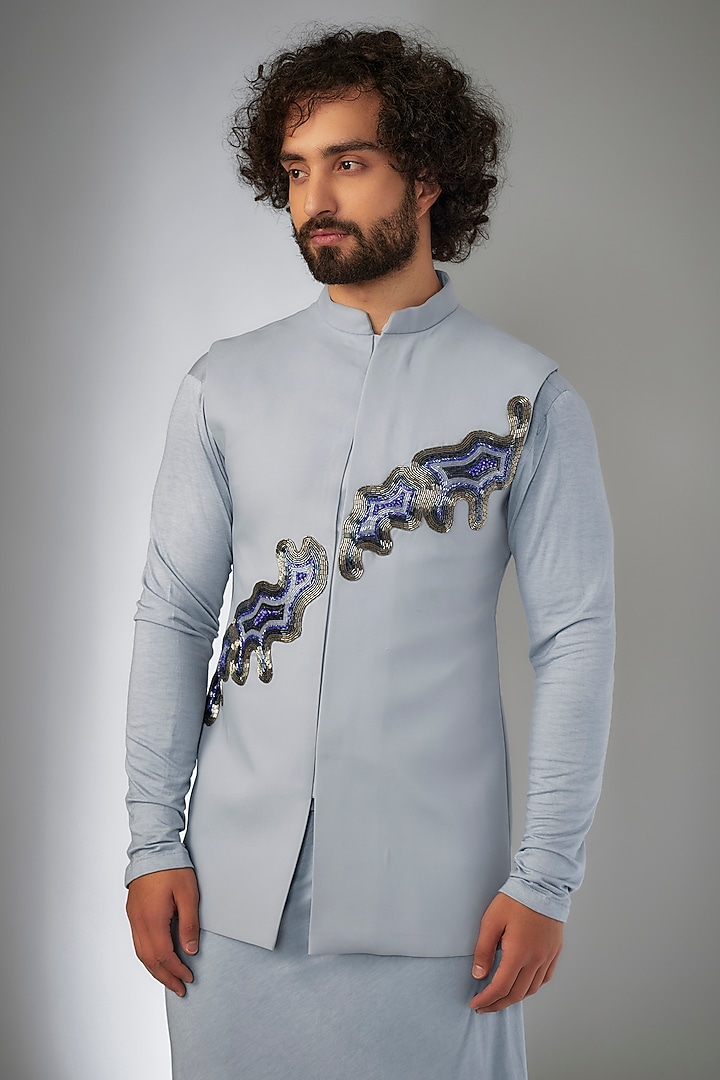 Blue Armani Abstract Cutdana Embroidered Bundi Jacket Set by KSHITIJ CHOUDHARY MEN at Pernia's Pop Up Shop