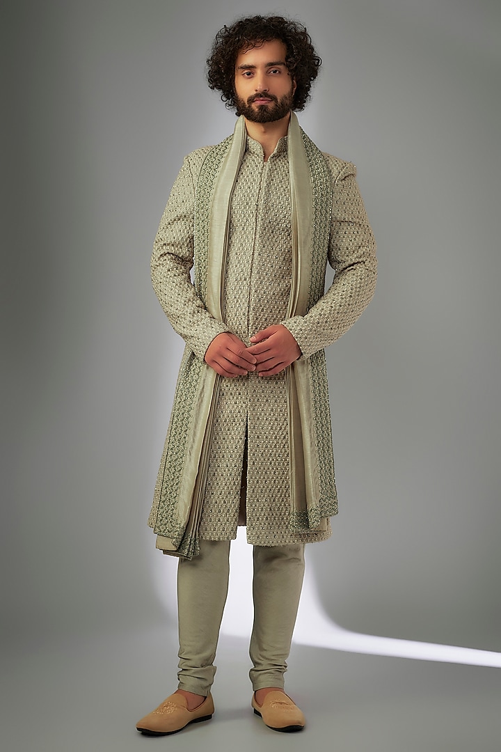 Dark Beige Silk Cutdana Embroidered & Resham Work Sherwani Set by KSHITIJ CHOUDHARY MEN