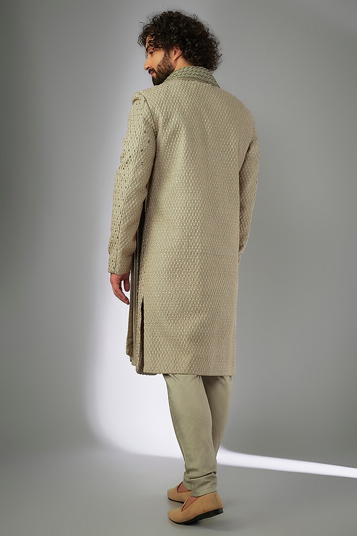 Dark Beige Silk Cutdana Embroidered & Resham Work Groom Sherwani Set by KSHITIJ CHOUDHARY MEN at Pernia's Pop Up Shop